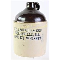 Antique advertising whiskey jug from Jos. Leopold & Bro Belleville, Ill Fine Ky Whiskey in once gall