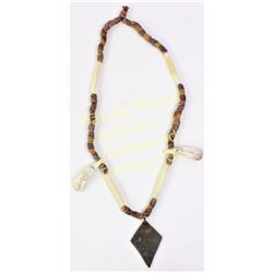 Indian trade bead necklace with bone hair pipe pipe and glass trade beads, bear teeth and metal tag 