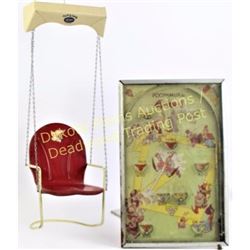 Collection of 2 vintage toys includes tin swinging seat and Push Em Up pinball. both good to very go