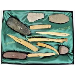 Collection of 11 artifacts includes 6 bone and 5 stone implements, includes heads and scrapers, seve