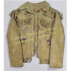 Small childs buckskin and fringed jacket with outside pockets, decorated in thread sewn floral motif