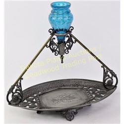 Unique Victorian calling card receiver by Meriden silver plated with engraved bird motif and hand pa