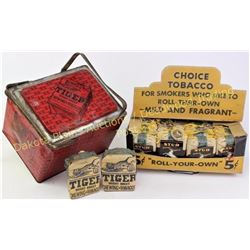 Collection of early tobacco items includes Tiger Bright Sweet Chewing tobacco tin, full NOS Stud Smo