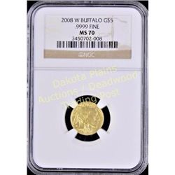 2008 W Buffalo G $5 gold coin MS 70 slabbed and graded.  Est. 600-1200