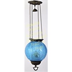 Pull down gas light with etched blue globe in very good condition including font and wick.  Est. 150