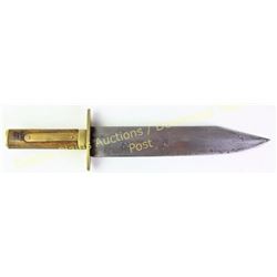 Large clip point bowie knife with 9 1/4" blade, brass guard and walnut grips marked A.G. Hicks maker
