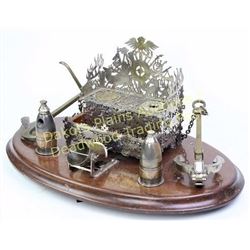 Exceptional European desk set with nautical theme, dated 7/26/1889, center of pierced German nickel 