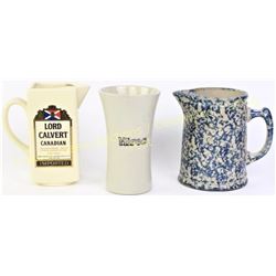 Collection of 3 includes porcelain Lord Calvert water pitcher, original stoneware Hires Root Beer mu
