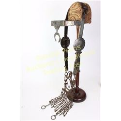 Large early impressive Navajo silver engraved bridle with large ring bit, very good condition, compl