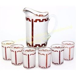 Beautiful ruby red to clear pitcher and tumbler set in Lorraine pattern, 6 tumblers total, C. 1890's