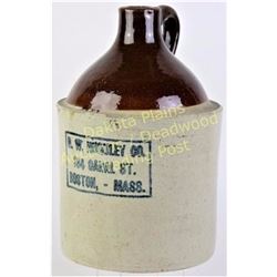 Antique stoneware whiskey advertising jug one gallon for H.W. Huguley Co. Boston, Mass. Very good co