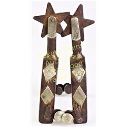 Unmarked McChesney spurs single mounted with diamond pattern, 2 1/4" straight shanks and 5 point sta