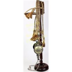 Large showy engraved half breed bit with 4" concho's marked Bachos in new unused condition with brai