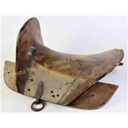 Early wooden saddle with hand forged steal hardware, 19" long.  Est. 50-150