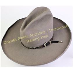 Classic old high peak cowgirl hat with rolled brim, pen signed above sweat band Ruth Evans and W.C. 