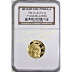 1986 W Liberty $5 gold coin PF 69 Ultra Cameo.  Est. 250-450