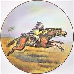 Scarce pattern hand painted Nippon wall plaque with shooting American Indian on horseback in high re