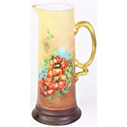 Large Royal Bavarian tankard with hand painted floral, gold applied handle and rim, 13" tall. Nice l