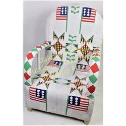 Interesting fully beaded arm chair in Sioux style geometric patterns and pictorial American flag mot