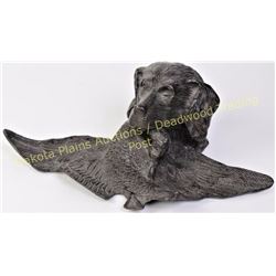 Large brass Labrador hunting dog inkwell with hinging top the laid out bird forming the pen tray uns