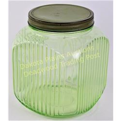 Large green depression glass coffee canister jar with indented label area and original lid, Fine con