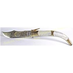 Huge 32" Toledo folding blade display knife with etched folding back locking blade, faux pearl grips