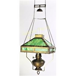 Complete and original hanging kerosene lamp 4 panel green slag glass shade marked Success PBL and Co