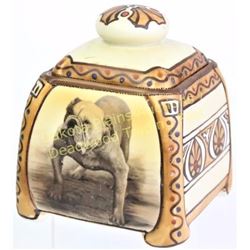Fine Nippon Bulldog portrait panel tobacco humidor with Egyptian borders, artwork "Champion Lambassa