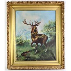Original oil on canvas of Bull Elk unsigned, ornate gold gessoed frame, image 17" X 21".  Est. 150-3
