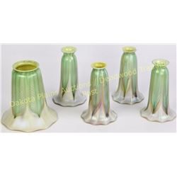 Collection of wonderful Arts & Crafts period ruffle edge signed Quezal lamp shades, beautiful green 