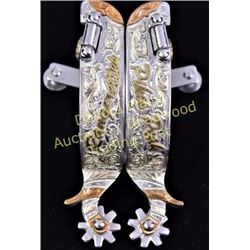 Clint Mortenson spurs single mounted Pikes Peak Rangeretter overlaid on heel bands. Excellent unworn