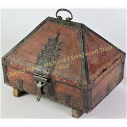 18th C. Alms or tithing box with peaked hinging top, hand wrought hardware and lock. Box further dec