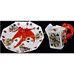 Collection of 2 Royal Bayreuth porcelain pieces in Devil and card pattern, includes 7" candy or nut 