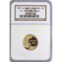 1991 Mount Rushmore gold $5 coin PR 70 Ultra Cameo.  Est. 250-450