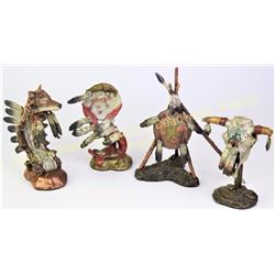 Collection of 4 mixed media sculptures by Wally Whitten, includes Cheyenne War Shield, Wolf Headdres