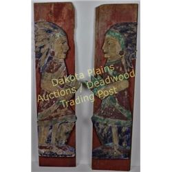 Collection of 2 left and right wood carvings of Cigar Indians with distressed finish, applied to boa