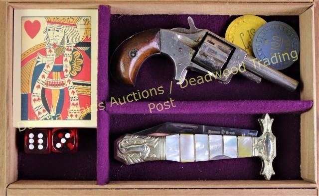 Cased gamblers set in Deadwood Tobacco Co cigar box, with antique ...