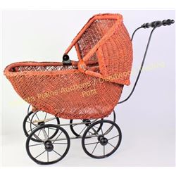 Victorian wicker doll buggy with hinging bonnet, 27" long.  Est. 75-175