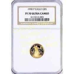 1990 P Eagle Gold $5 PF 70 Ultra Cameo. Est. 125-225