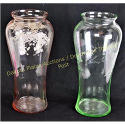 Collection of 2 fine depression glass vases 13" tall, green and pink with cut and etched patterns, b