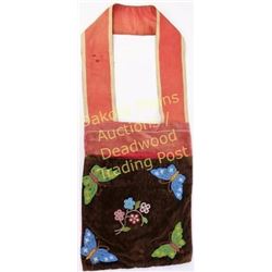 Large beaded bandolier bag on velour with butterfly motif, 16" X 22", very good with no repairs or b