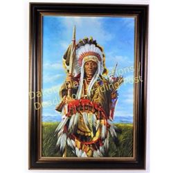 Large canvas transfer of Plains Indian Chief unsigned, image 24  X 36 , nicely framed.  Est. 450-900
