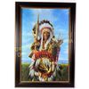 Image 1 : Large canvas transfer of Plains Indian Chief unsigned, image 24" X 36", nicely framed.  Est. 450-900