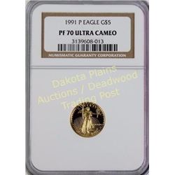 1991 P Eagle gold $5 PF 70 Ultra Cameo. Est. 175-325