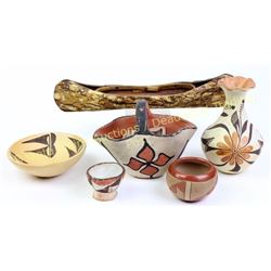 Collection 6 includes 5 vintage Southwest pottery items, early Santo Domingo handled basket bowl and