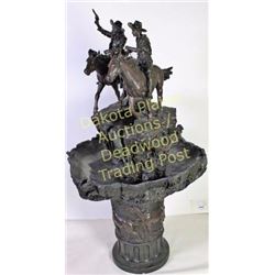 Large Western cowboy electric water fountain resin cast standing 63" tall depicting two cowboys on h