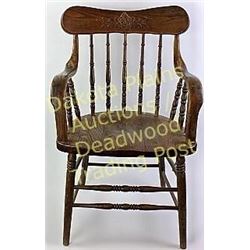 Matching antique oak armchairs with pressed spindle backs and bentwood arms, both very good solid co