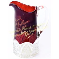 1908 Ruby flashed glass pitcher with inscription Greeting from Melbourne 1908. Above average size in