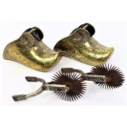 Collection of 2 includes early brass South American brass stirrups with raised relief designs and Ch