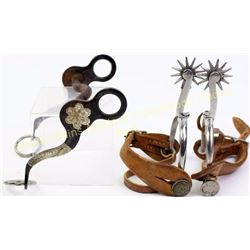 Collection of 2 includes Crockett bit with engraved silver and pair Bianchi stamped spurs with 1965 